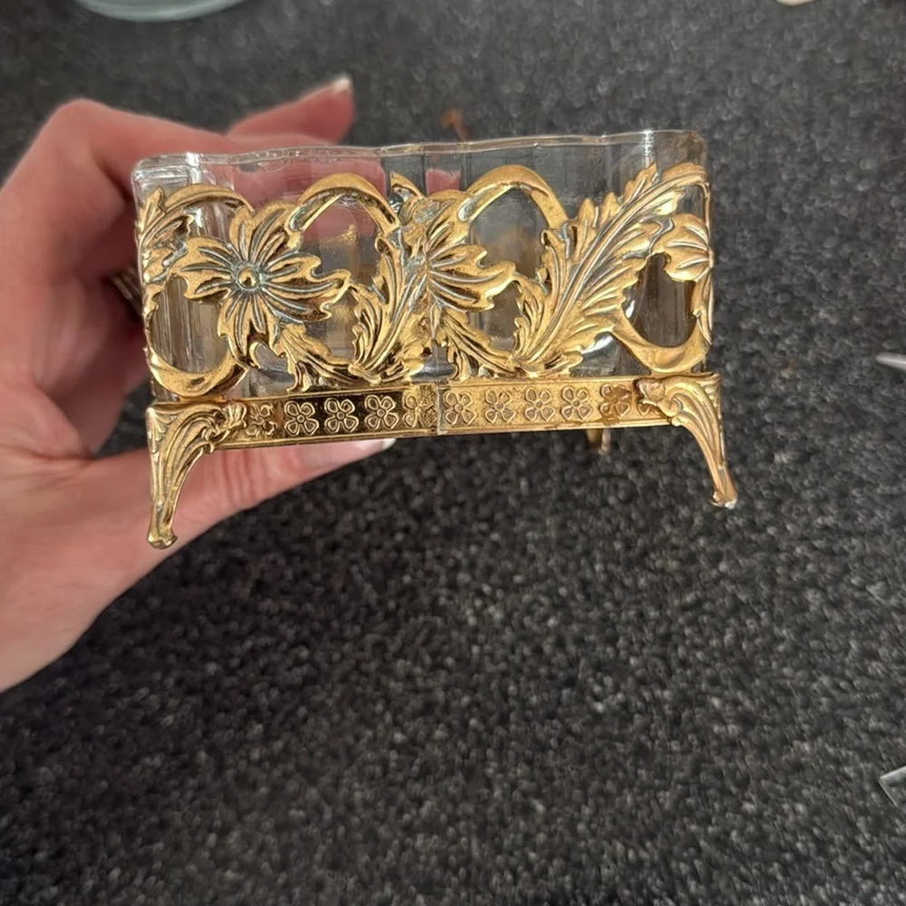 Vintage Gold Filigree  Vanity Trinket Box Jewelry Dish Footed Floral Hollywood